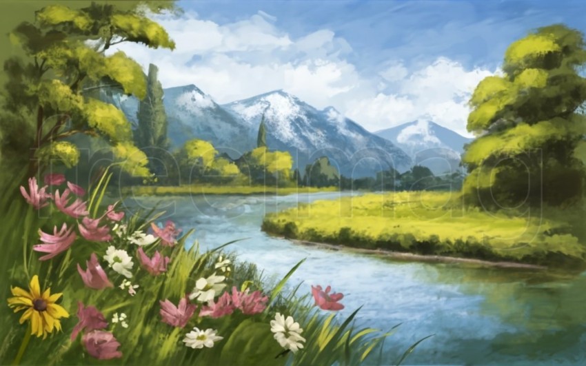 Paisaje de verano, flores en la orilla del río con árboles y montañas al fondo, ilustración de estilo pintura al óleo