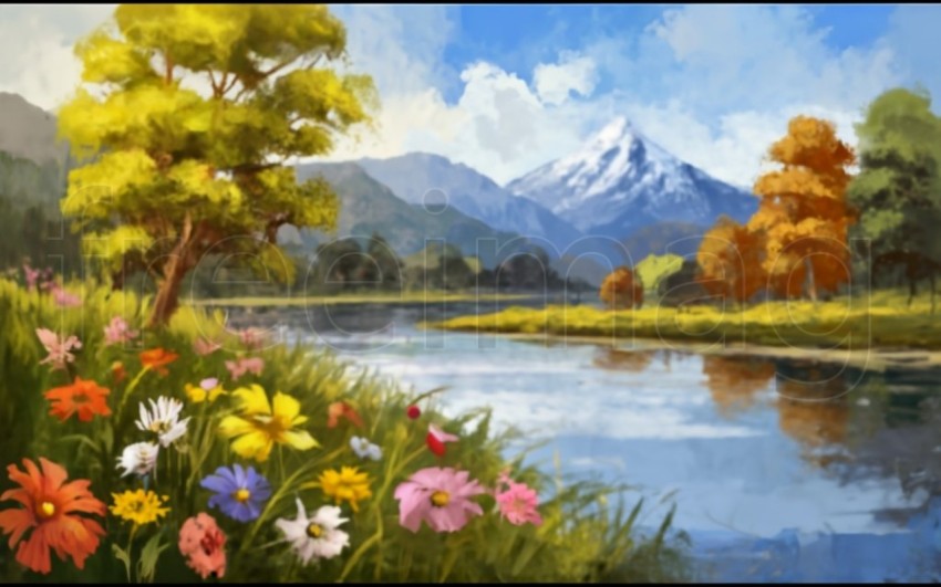 Paisaje de verano, flores en la orilla del río con árboles y montañas al fondo, ilustración de estilo pintura al óleo