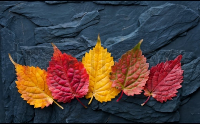 Fondo otoñal con hojas rojas de colores sobre fondo azul pizarra