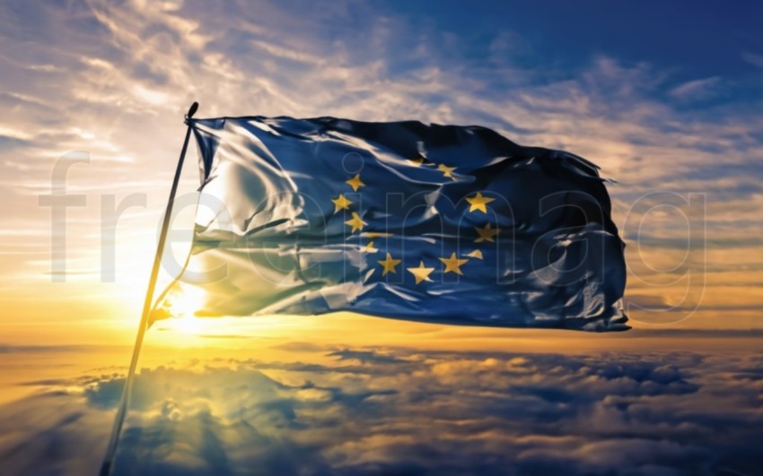 Bandera de la Unión Europea ondeando en la brisa contra el cielo del atardecer