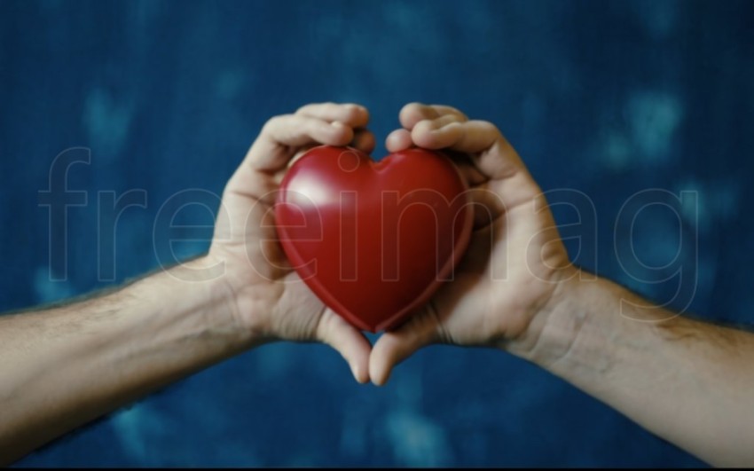 Dos manos  sostienen un corazón rojo sobre un fondo azul