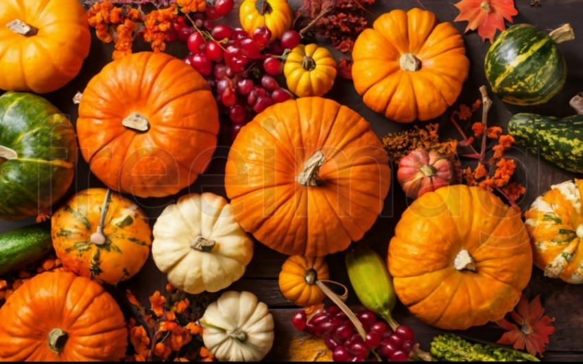 Fondo brillante con hermosa decoración de acción de gracias  Calabazas con frutas, flores, verduras y hojas