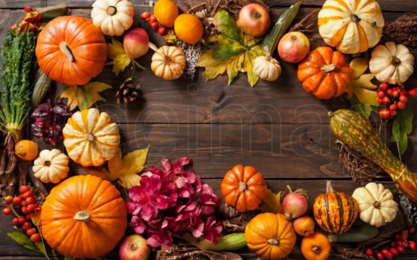 Fondo brillante con hermosa decoración de acción de gracias  Calabazas con frutas, flores, verduras y hojas