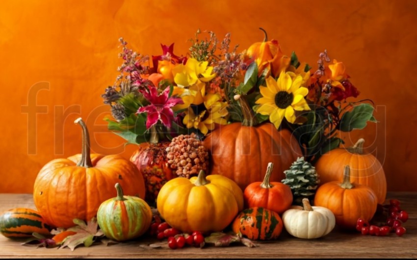 Fondo brillante con hermosa decoración de acción de gracias  Calabazas con frutas, flores, verduras y hojas