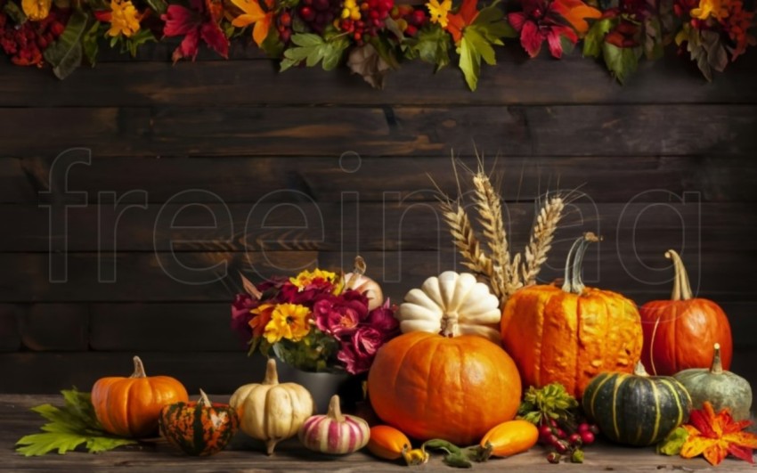 Fondo brillante con hermosa decoración de acción de gracias  Calabazas con frutas, flores, verduras y hojas