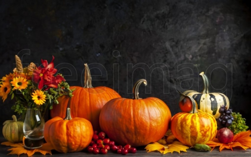 Fondo brillante con hermosa decoración de acción de gracias  Calabazas con frutas, flores, verduras y hojas