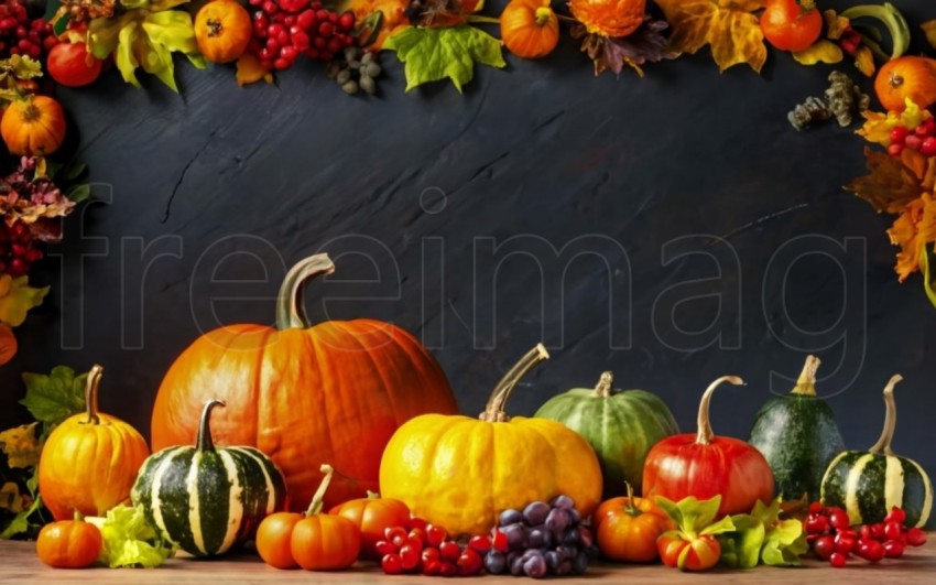 Fondo brillante con hermosa decoración de acción de gracias. Calabazas con frutas, flores, verduras y hojas