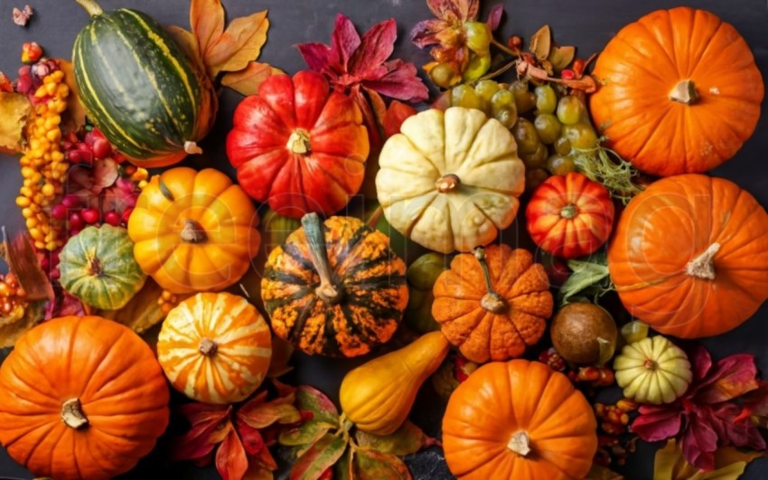 Fondo brillante con hermosa decoración de acción de gracias  Calabazas con frutas, flores, verduras y hojas