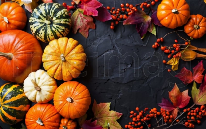 Fondo brillante con hermosa decoración de acción de gracias  Calabazas con frutas, flores, verduras y hojas