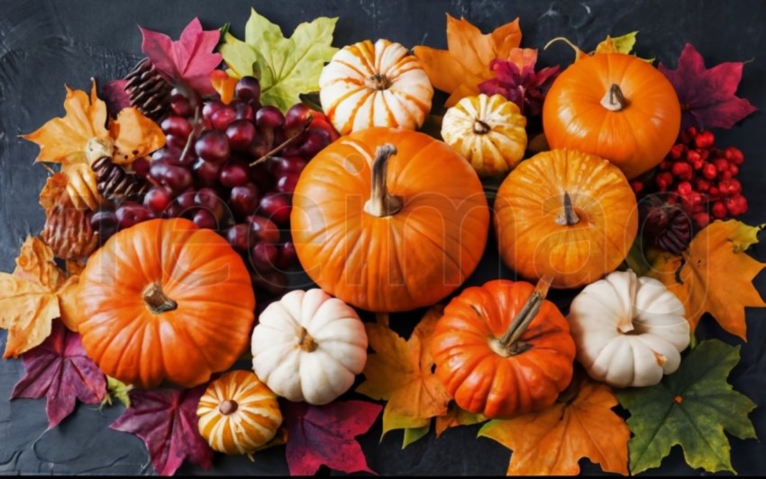 Fondo brillante con hermosa decoración de acción de gracias  Calabazas con frutas, flores, verduras y hojas