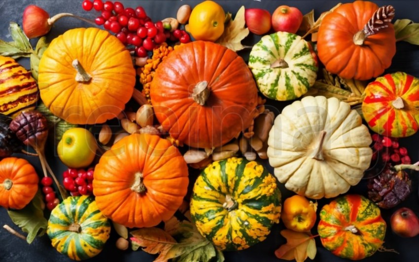 Fondo brillante con hermosa decoración de acción de gracias  Calabazas con frutas, flores, verduras y hojas