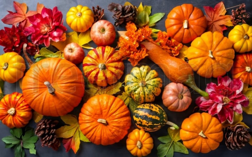 Fondo brillante con hermosa decoración de acción de gracias  Calabazas con frutas, flores, verduras y hojas