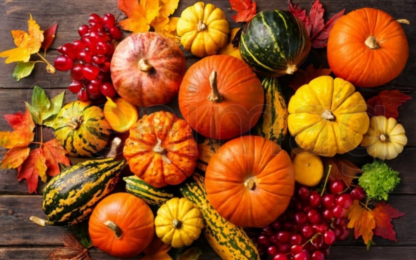 Fondo brillante con hermosa decoración de acción de gracias  Calabazas con frutas, flores, verduras y hojas