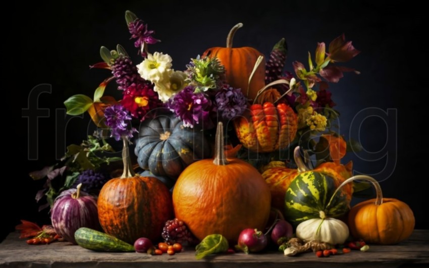 Fondo brillante con hermosa decoración de acción de gracias  Calabazas con frutas, flores, verduras y hojas