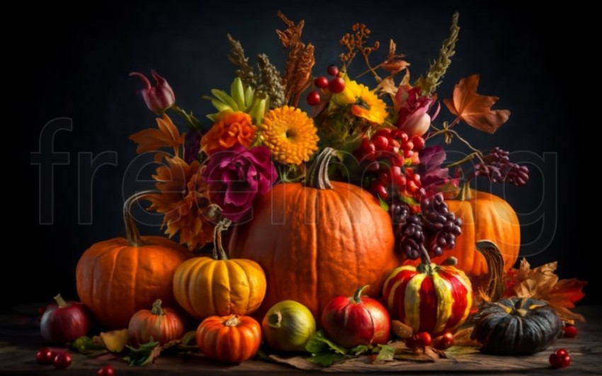 Fondo brillante con hermosa decoración de acción de gracias  Calabazas con frutas, flores, verduras y hojas