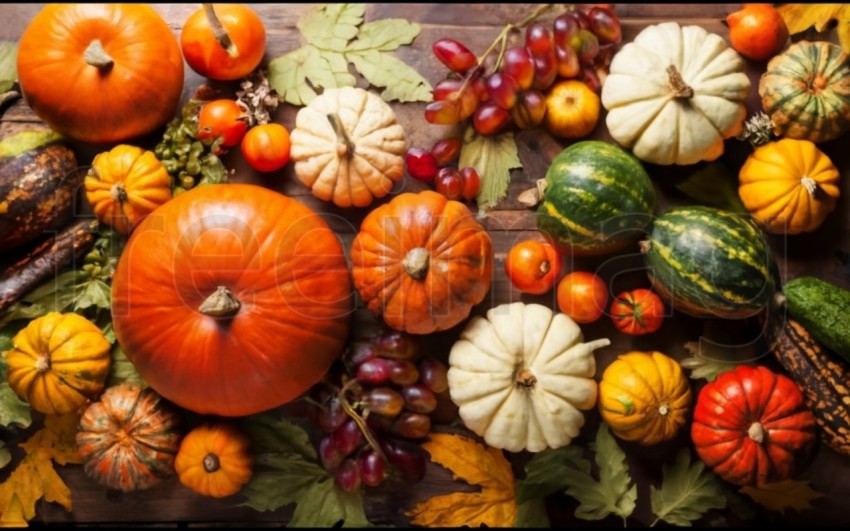 Fondo brillante con hermosa decoración de acción de gracias  Calabazas con frutas, flores, verduras y hojas