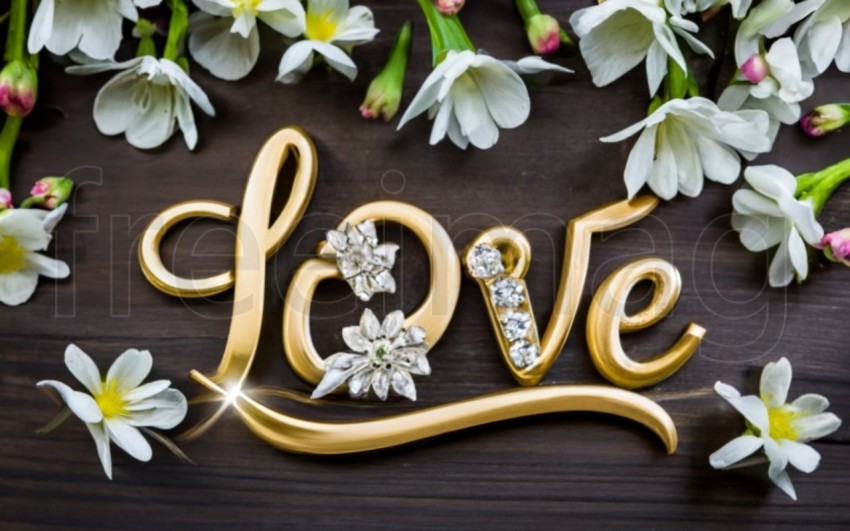 Imagen con el Texto LOVE en oro, fuente elegante, brillante, majestuosa, con algunas flores y diamantes