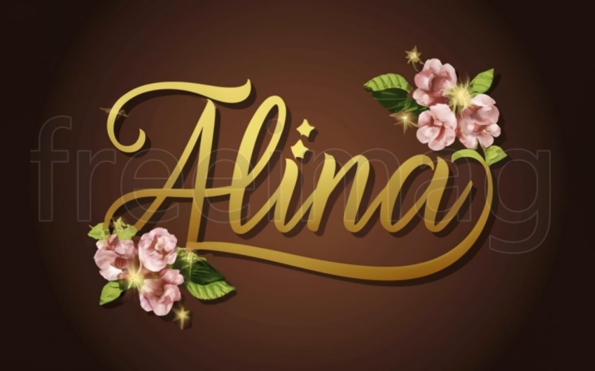 Imagen con el Texto ALINA en oro, fuente elegante, brillante, majestuosa, con algunas flores y diamantes