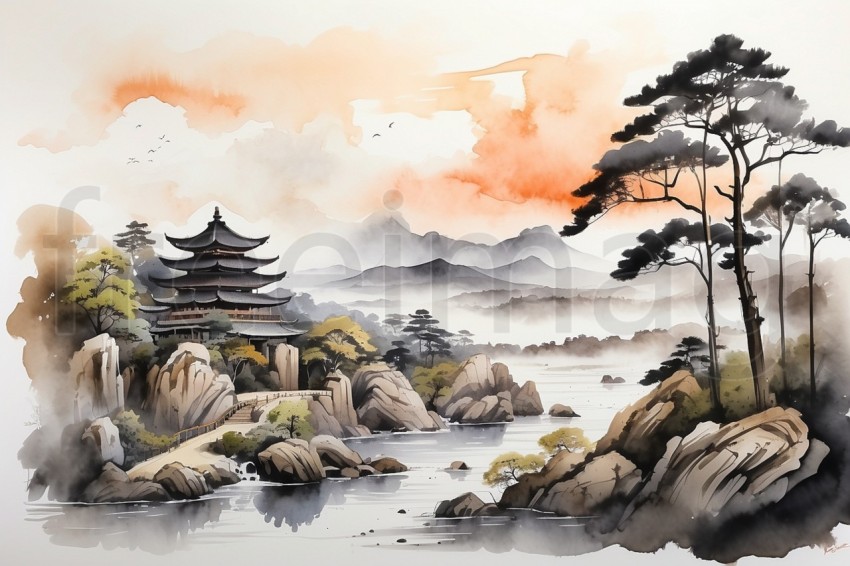 Paisaje oriental Tinta Acuarela Asiática