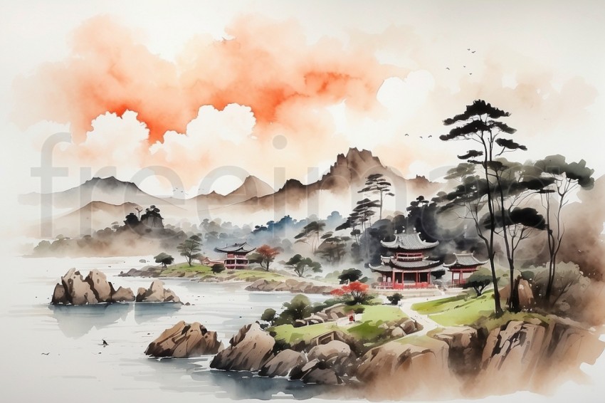 Paisaje oriental Tinta Acuarela Asiática