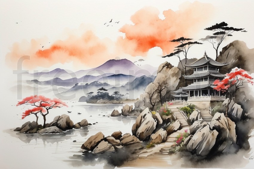 Paisaje oriental Tinta Acuarela Asiática