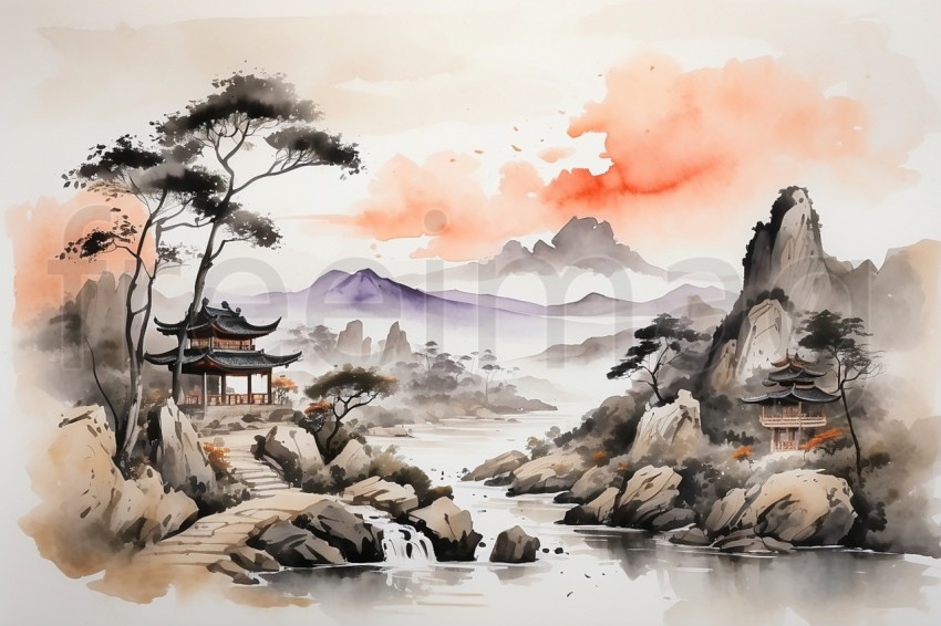 Paisaje oriental Tinta Acuarela Asiática