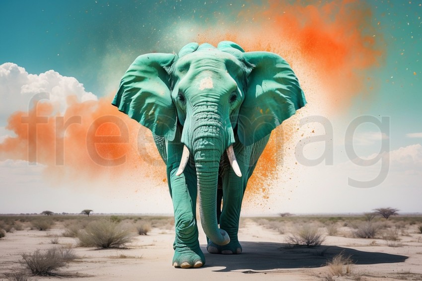 Elefante frontal colorido de motas naranjas blancas verdes y turquesas, acuarela