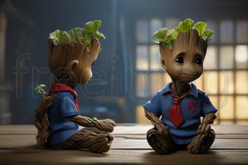 Baby Groot con un polo escolar azul oscuro