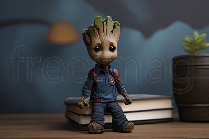 Baby Groot con un polo escolar azul oscuro