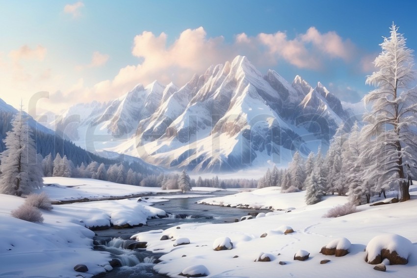 Hermoso paisaje de invierno con montaña y árboles copos de nieve