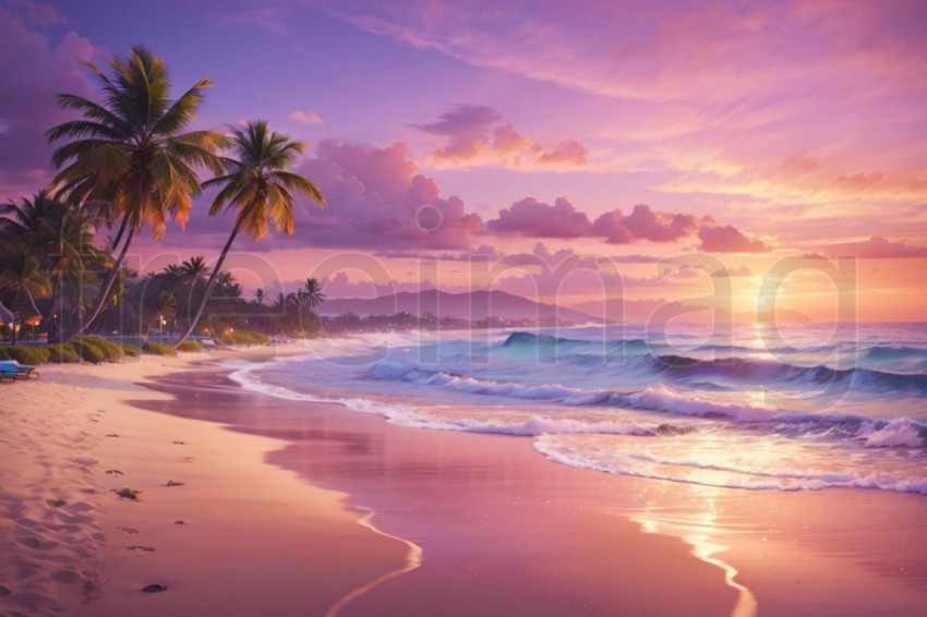 Playa serena al atardecer con olas golpeando suavemente la orilla, palmeras meciéndose con la brisa y un cielo colorido