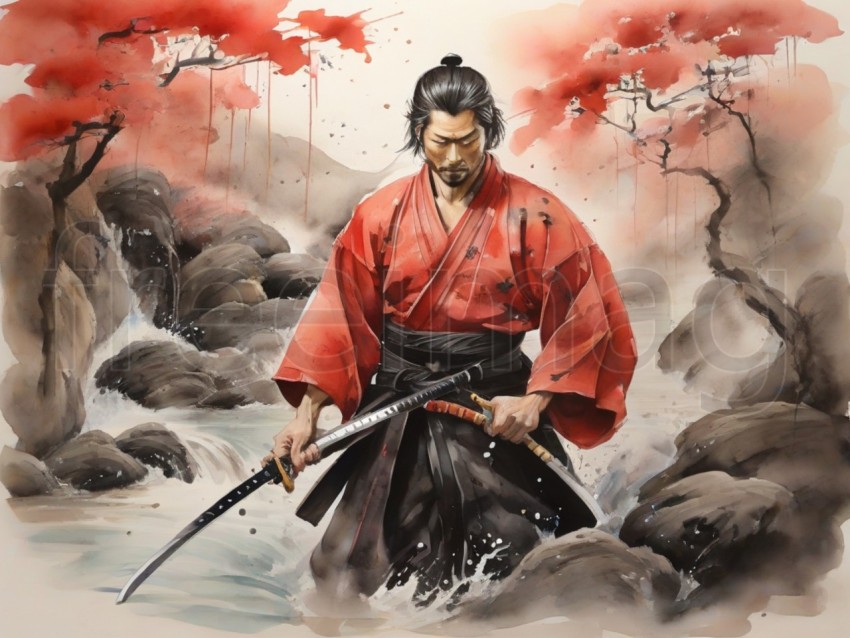 Una pintura en acuarela de un samurái con kimono rojo y cinturón negro practicando con su espada