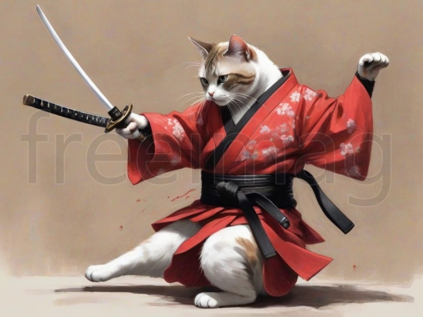 Pintura en tinta de un gato samurái con kimono rojo y cinturón negro