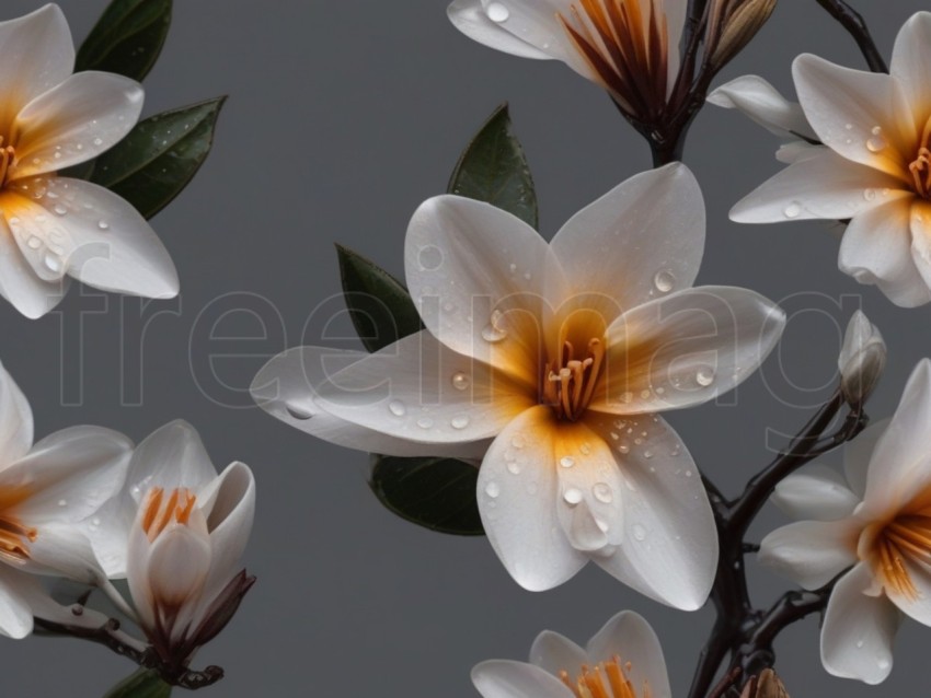 Hermosa flor exótica en una rama de color marrón oscuro con gotas de agua