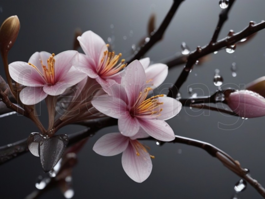 Hermosa flor exótica en una rama de color marrón oscuro con gotas de agua