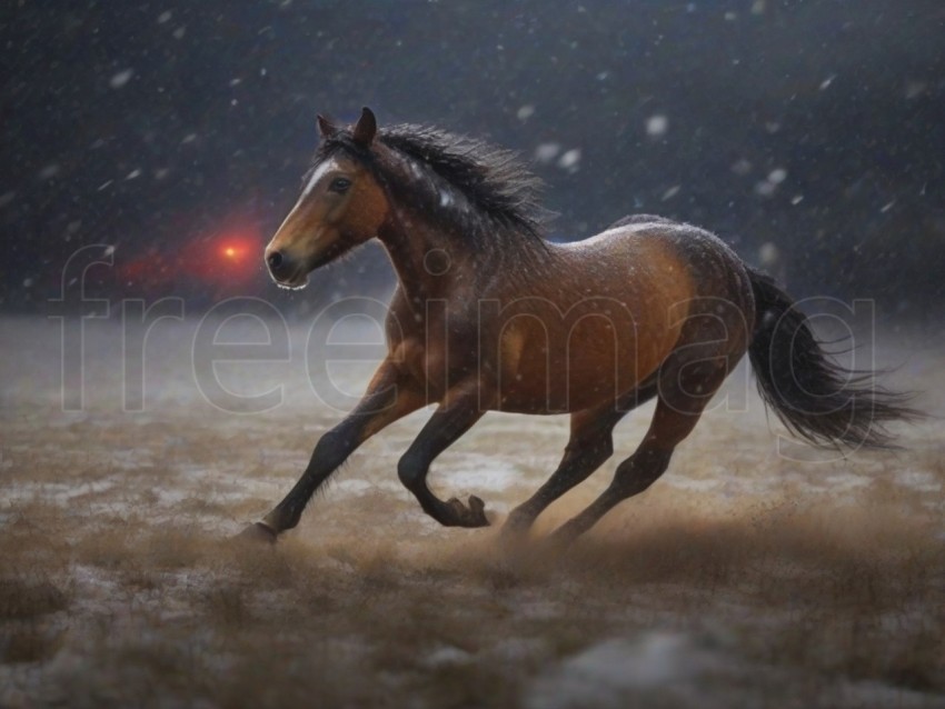 Caballo salvaje corriendo, paisaje exuberante, nieve cayendo montaña y fondo de árboles, destello brillante, destello rojo claro