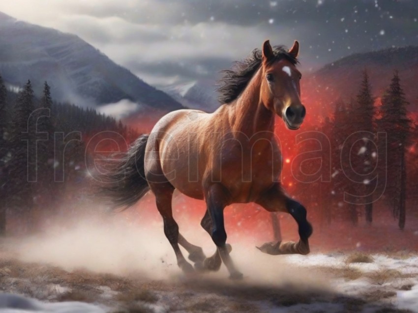 Caballo salvaje corriendo, paisaje exuberante, nieve cayendo montaña y fondo de árboles, destello brillante, destello rojo claro