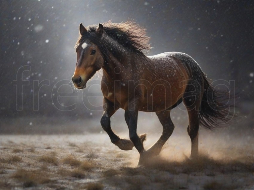 Caballo salvaje corriendo, paisaje exuberante, nieve cayendo montaña y fondo de árboles, destello brillante, destello rojo claro