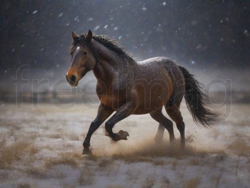 Caballo salvaje corriendo, paisaje exuberante, nieve cayendo montaña y fondo de árboles, destello brillante, destello rojo claro