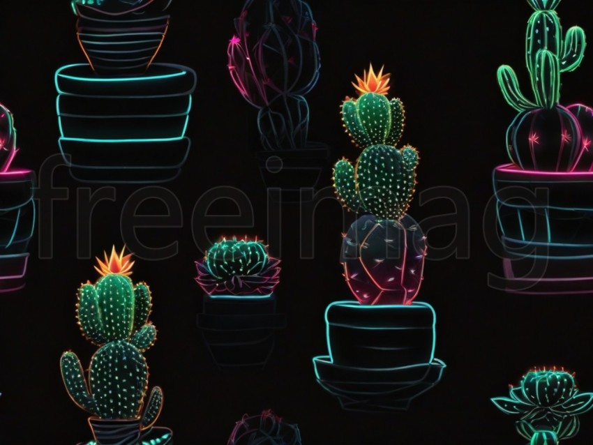 Pequeño cactus de neón, fondo negro, brillante, minimalista