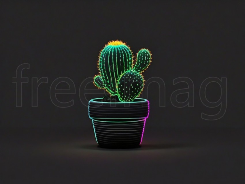 Pequeño cactus de neón, fondo negro, brillante, minimalista