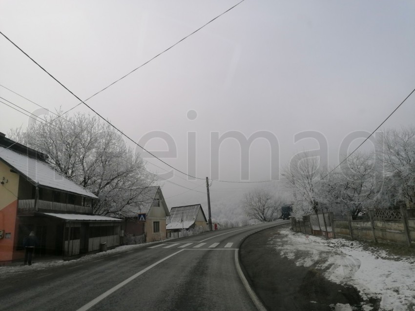 Carretera solitaria en un bosque nevado en Transilvania, Rumanía