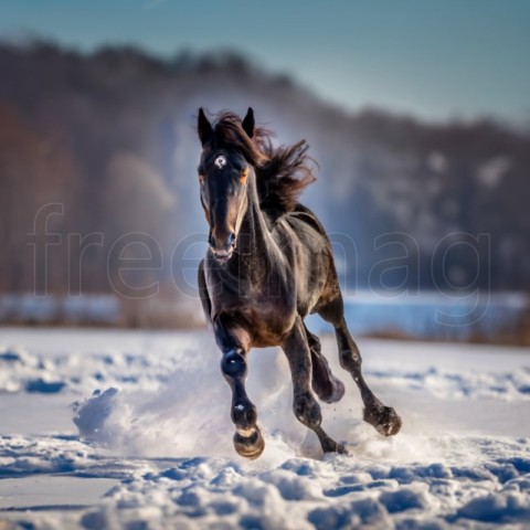 Caballo negro corriendo en la nieve en invierno