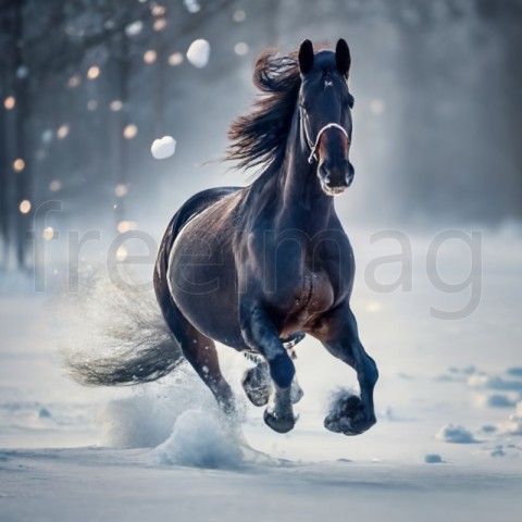 Caballo negro corriendo en la nieve en invierno