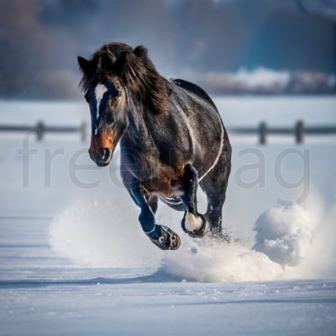 Caballo negro corriendo en la nieve en invierno