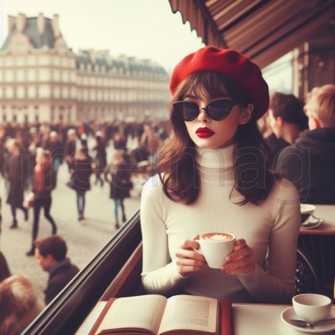 Una mujer con gafas de sol y boina tomando café