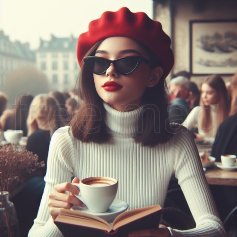 Una mujer con gafas de sol y boina tomando café