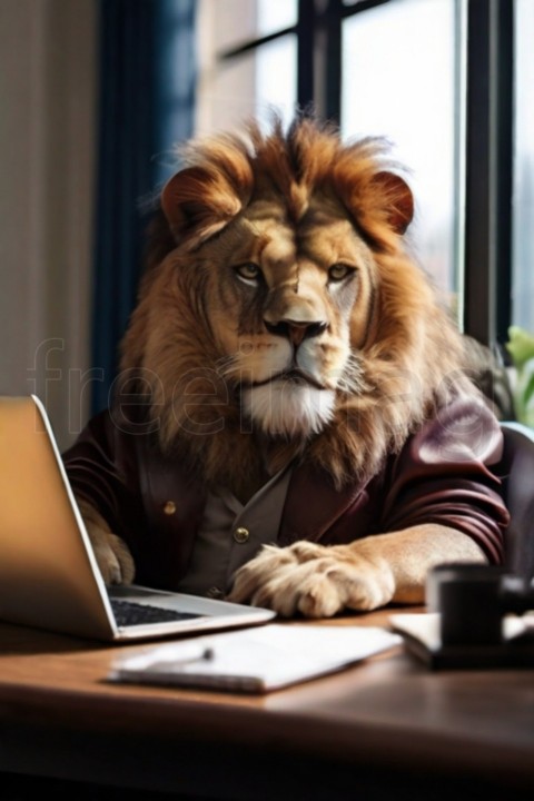 León, sentado en un escritorio con una computadora portátil, con un gran reloj en la pared, foto realista (6)