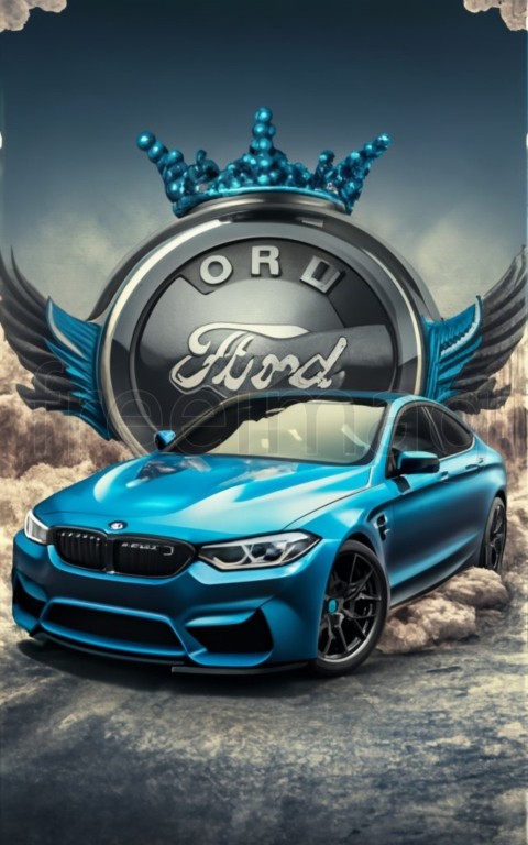 Ford conectada con un anillo de corona negro y un auto bmw m5