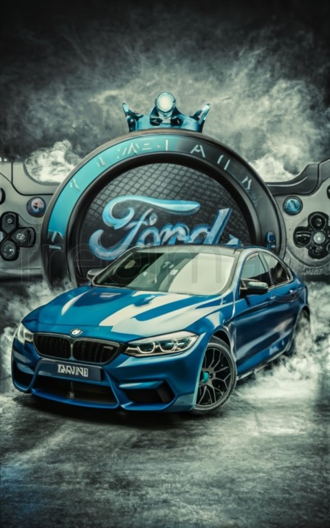 Ford conectada con un anillo de corona negro y un auto bmw m5